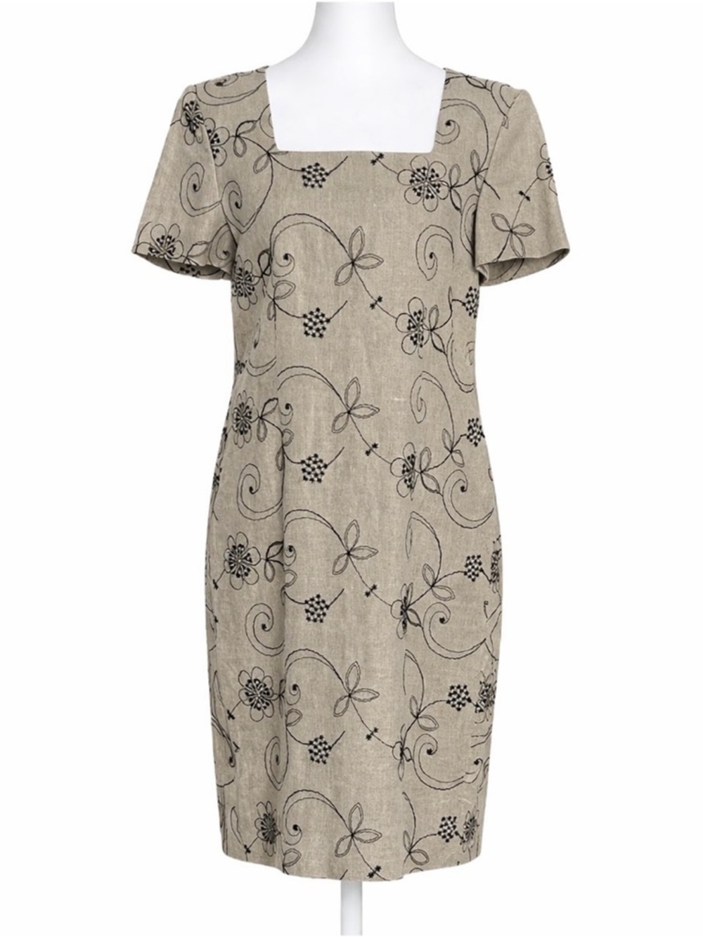 Liz Claiborne 100% Linen Dress Short Sleeves black Embroidery Career Size 6